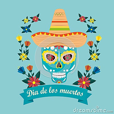 Mexican skull mask with hat to celebrate event Vector Illustration