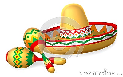 Mexican Sombrero Hat and Maracas Shakers Vector Illustration