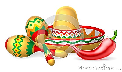 Mexican Sombrero Maracas and Chilli Pepper Vector Illustration