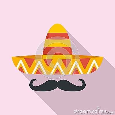 Mexican sombrero mustache icon, flat style Vector Illustration