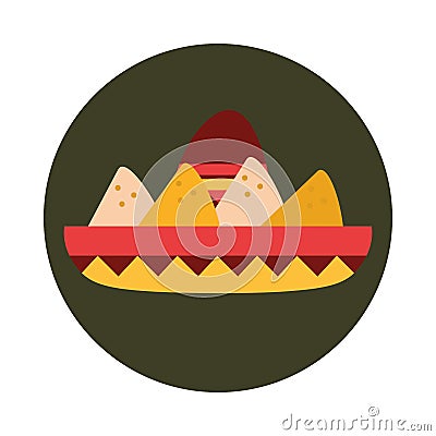 Mexican sombrero with nachos food snack block and flat icon Vector Illustration