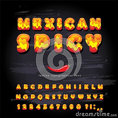 Mexican spicy cartoon font. Hot chili pepper burn decorative letters and numbers set on chalkboard background Vector Illustration