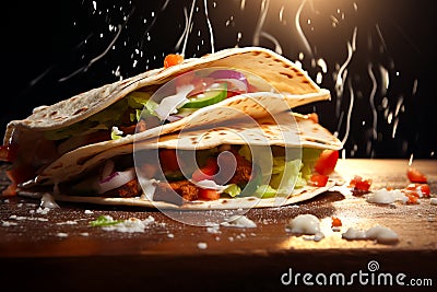 Mexican street food. traditional Mexican corn tacos composition on wooden board Stock Photo