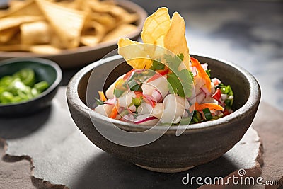 mexican-style ceviche in a volcanic stone bowl with tortilla chips Stock Photo