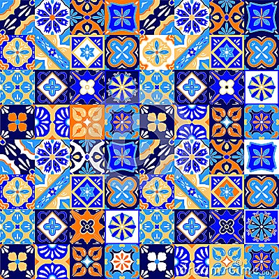 Mexican stylized talavera tiles seamless pattern in blue orange and white, vector Vector Illustration