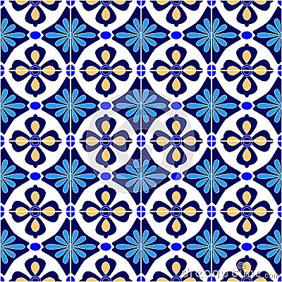 Mexican stylized talavera tiles seamless pattern in blue and white, vector Vector Illustration