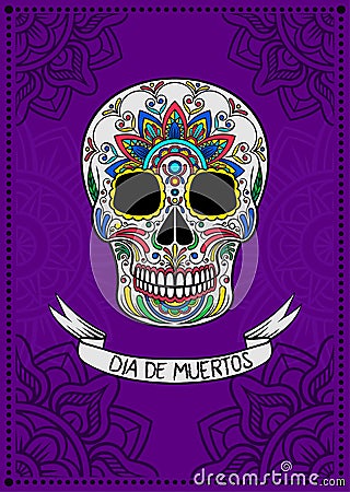 Mexican sugar skull with colorful floral pattern, Dia de Muertos, design element for poster, greeting card vector Vector Illustration