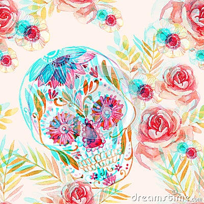 Mexican sugar skull among the flowers seamless pattern. Cartoon Illustration