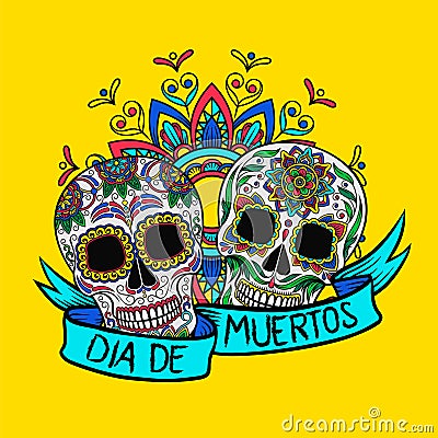 Mexican sugar skulls with floral pattern, Dia de Muertos, design element for poster, greeting card vector Illustration Vector Illustration