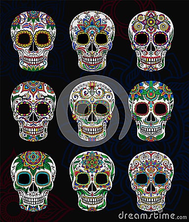 Mexican sugar skulls with floral pattern set, Day of The Dead vector Illustration Vector Illustration