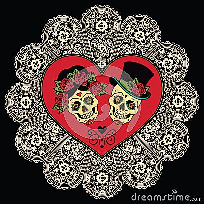 Mexican sugar skulls with heart and lace. Dia de los Muertos Vector Illustration