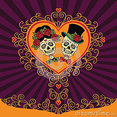 Mexican sugar skulls with heart and ornament. Dia de los Muertos Vector Illustration