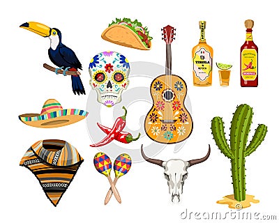 Mexican symbol icons. Cartoon sombrero, chili peppers and toucan. Isolated taco, guitar and maracas. Music fiesta party Vector Illustration