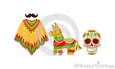 Mexican Symbols with Poncho and Lama Animal Vector Set Vector Illustration