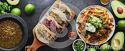 Mexican tacos and carne asada fries in panoramic wide composition Stock Photo