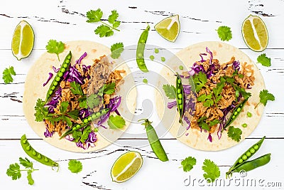 Mexican tacos with meat, peas and purple cabbage. Stock Photo