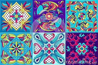 Mexican talavera ceramic tile pattern with fishes. Vector Illustration