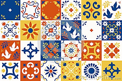 Mexican talavera pattern. Ceramic tiles with flower, leaves and bird ornaments in traditional majolica style from Puebla Vector Illustration