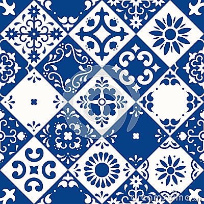 Mexican talavera seamless pattern. Ceramic tiles with flower, leaves and bird ornaments in traditional majolica style Vector Illustration