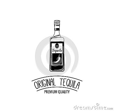 Mexican tequila bottle. Alcoholic beverache. Alcohol drink. Vector. Vector Illustration