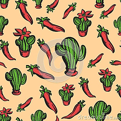 Mexican themed background with peppers and cactus Vector Illustration