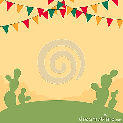 Mexican themed banner with cactii and buntings Vector Illustration