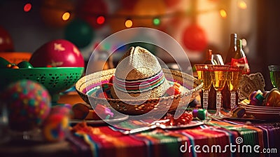 Mexican themed table with a sombrero and glasses Stock Photo