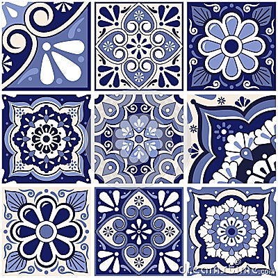 Mexican seamless tile vector pattern big set with flowers, leaves and geoemtric shapes in navy blue Tr Stock Photo