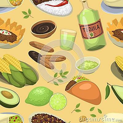 Mexican traditional food meal plates lunch sauce mexico cuisine vector illustration seamless pattern background Vector Illustration