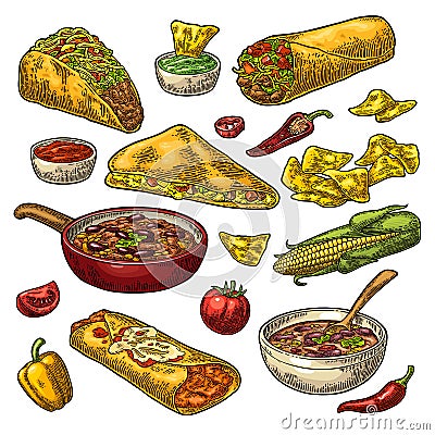 Mexican traditional food set with Guacamole, Enchilada, Burrito, Tacos, Nachos Vector Illustration