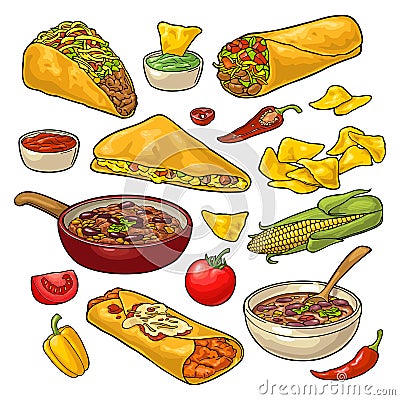 Mexican traditional food set with Guacamole, Enchilada, Burrito, Tacos, Nachos Vector Illustration