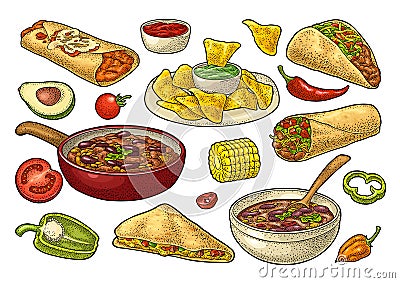 Mexican traditional food set with Guacamole, Enchilada, Burrito, Tacos, Nachos Vector Illustration