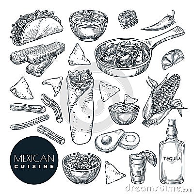 Mexican traditional food, vector sketch illustration. Hand drawn snack meal set. Restaurant, cafe menu design elements Vector Illustration