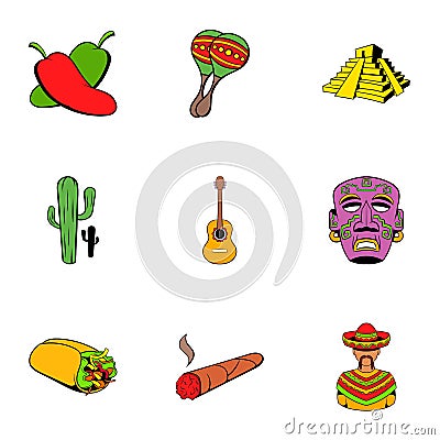 Mexican travel icons set, cartoon style Vector Illustration