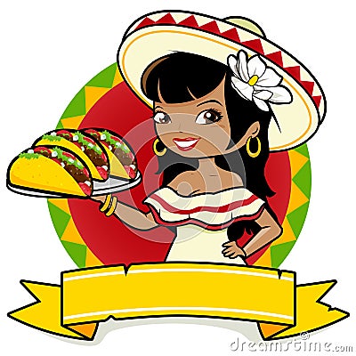 Mexican waitress serving tacos. Vector illustration Vector Illustration