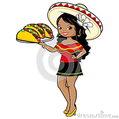 Mexican waitress serving tacos. Vector illustration Vector Illustration