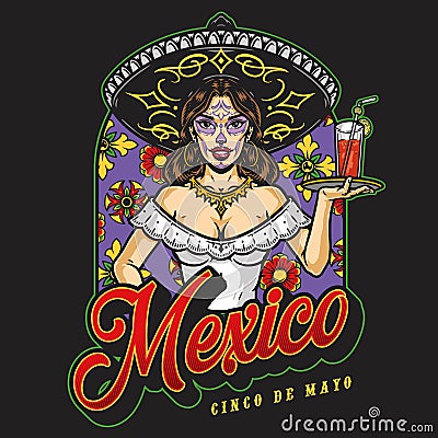 Mexican waitress in sombrero label Vector Illustration