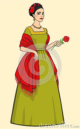 Mexican woman with a rose in a hand in a red shawl Vector Illustration