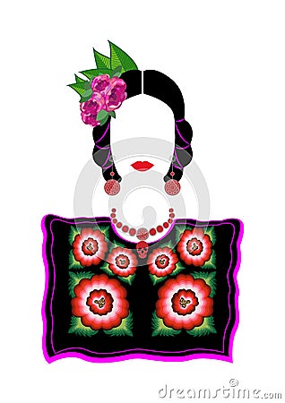 Mexican woman in TEHUANA clothing: Mexican huipil, ethnic blouse handmade, beautiful blouse with floral embroidery border Vector Illustration