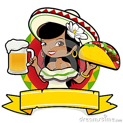 Mexican woman serving a cold beer and a taco. Vector illustration Vector Illustration