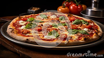 Exquisite Craftsmanship: Uhd Image Of Skillfully Lit Pizza On Wooden Platter Stock Photo