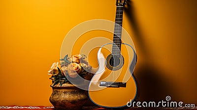 Mexican wooden guitar and flowers near yellow wall. Cinco de Mayo holiday symbol Stock Photo