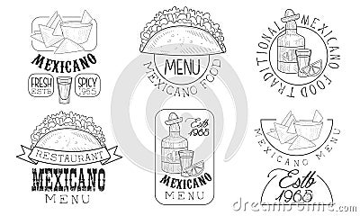 Mexicano Menu Hand Drawn Retro Labels Set, Traditional Fresh and Spicy Food Monochrome Badges Vector Illustration Vector Illustration