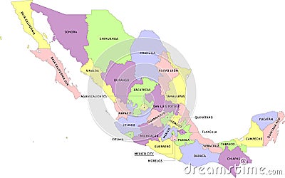 Mexico administrative map with states. Colored. Vector Vector Illustration