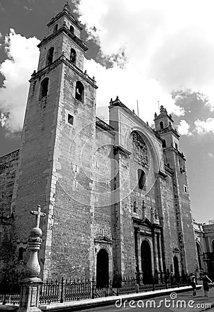 Mexico church cathedral Merida colonial architecture historial yucatan black and white Stock Photo