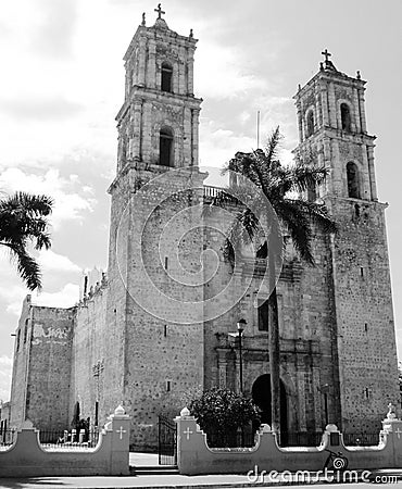 Mexico church cathedral Merida colonial architecture historial yucatan black and white Stock Photo