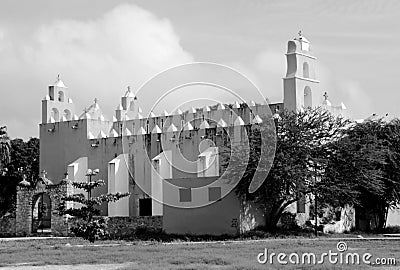 Mexico church cathedral Merida colonial architecture historial yucatan black and white Stock Photo