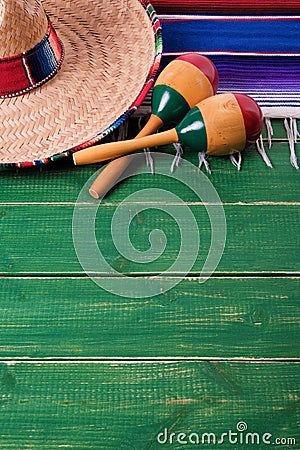 Mexico cinco de mayo border background mexican sombrero maracas Stock Photo