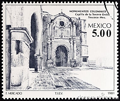 MEXICO - CIRCA 1981: A stamp printed in Mexico from the `Colonial Architecture` issue shows Chapel of the Third Order, Texcoco Editorial Stock Photo
