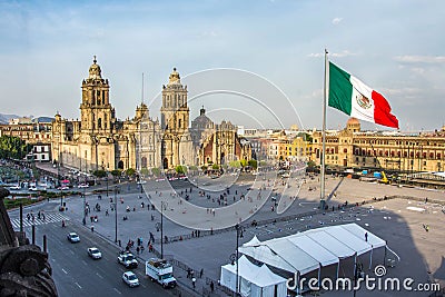 MEXICO CITY - FEB 5, 2017: Constitution Square Zocalo view from the dome of the Metropolitan Cathedral Stock Photo